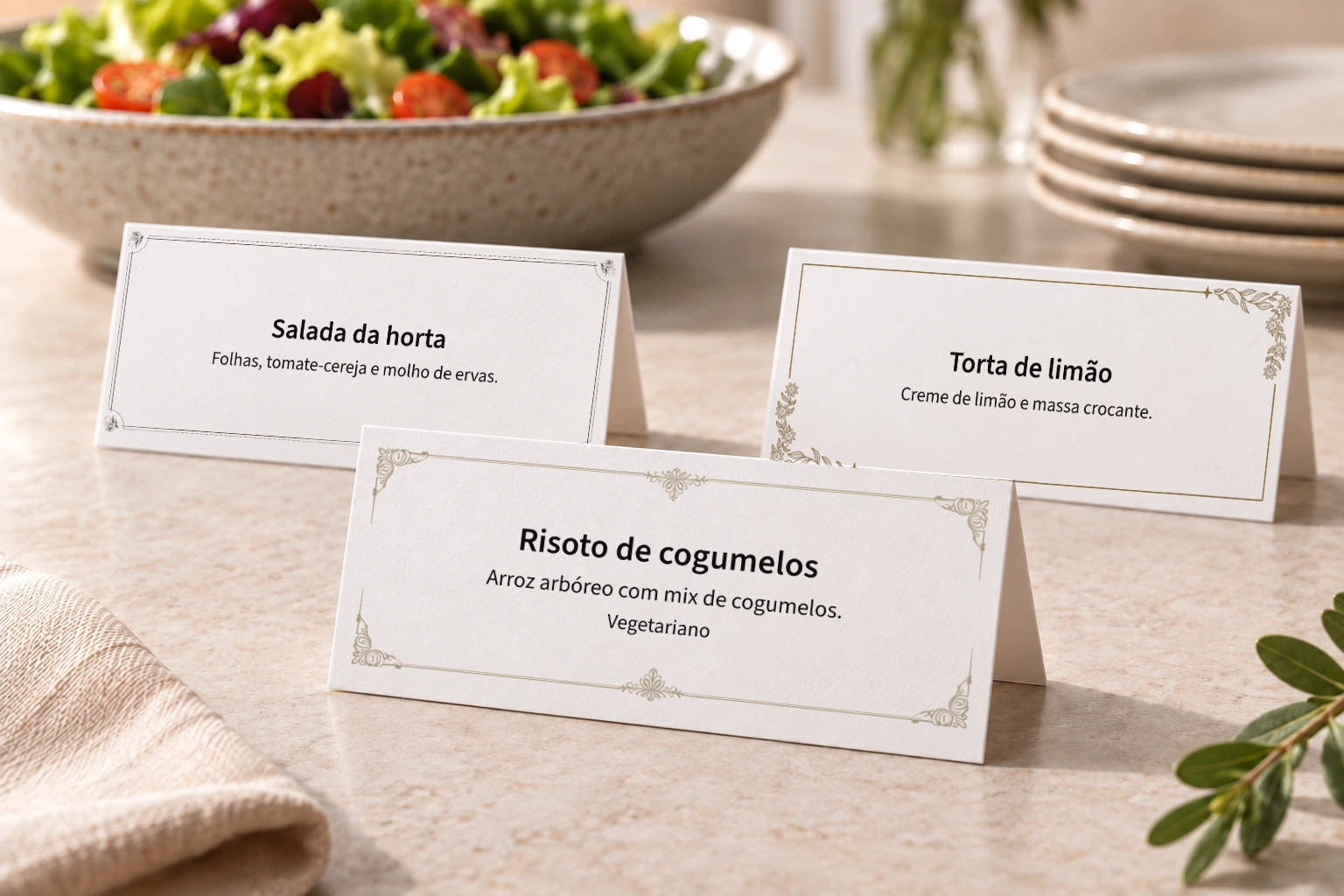 Exemplos de etiquetas tipo cabaninha identificando pratos em uma mesa.